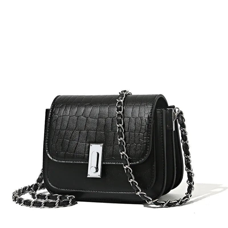 Women's black PU leather shoulder bag with chain strap showing internal phone pocket