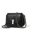 Women's black PU leather shoulder bag with chain strap showing internal phone pocket
