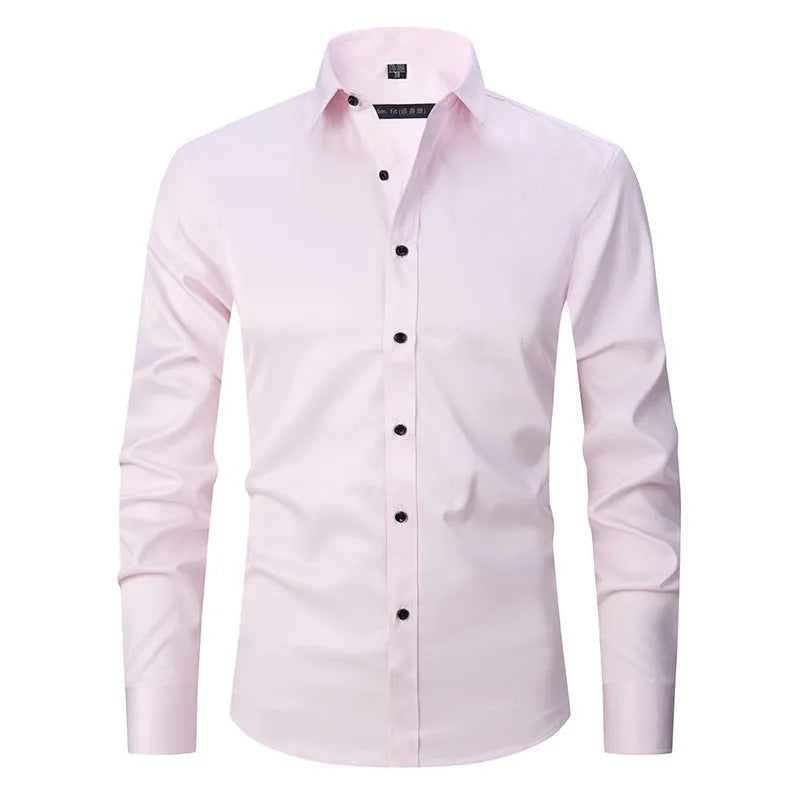 Men's grey stretch long sleeve polyester work shirt on a hanger