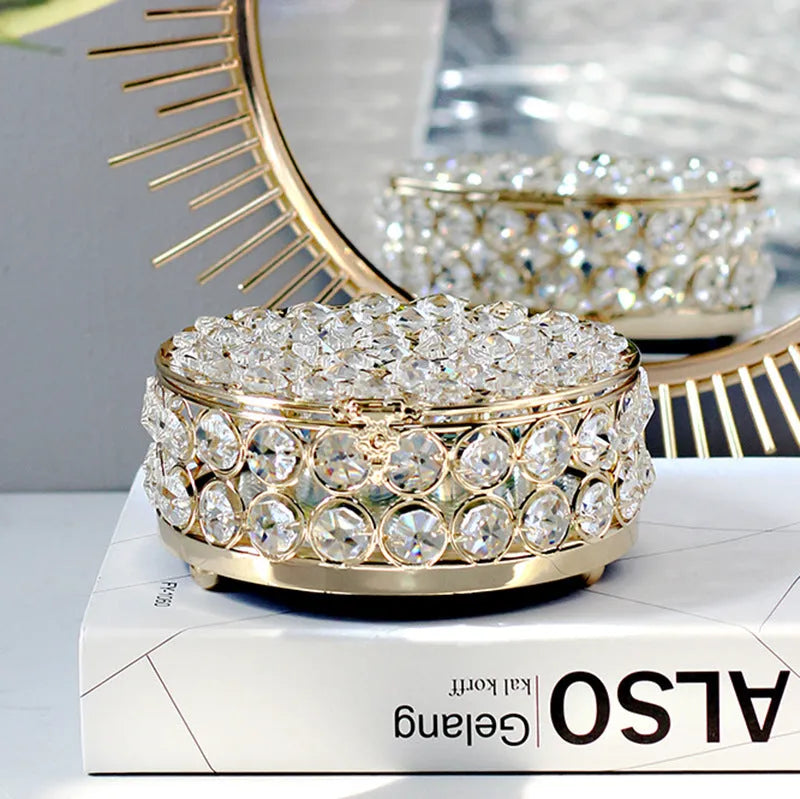 French gold European style jewelry storage box with transparent crystal glass panels