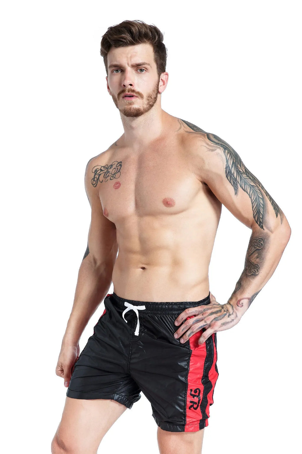 Men's blue polyester sports shorts with lace-up front and padding for athletic activities