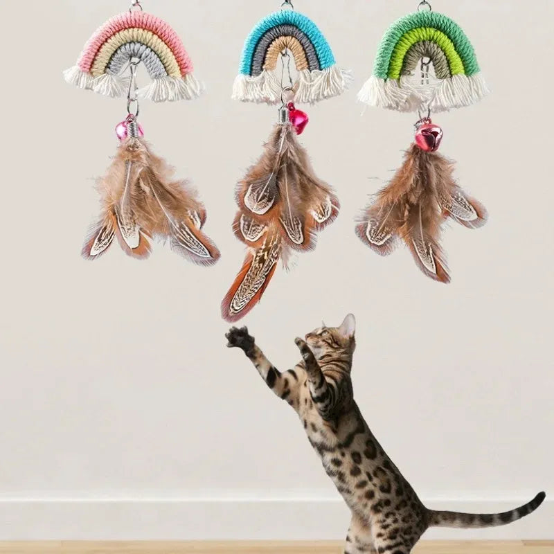 Cat toy with feather rope hanging from door using elastic and sticky buckle clamp, available in Blue, Green, and Pink