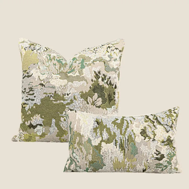 Antique green abstract decorative pillow with French style spring flowers pattern, shown in square and waist pillow sizes.