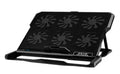 Black metal mesh laptop cooling board with USB cable on a desk next to a notebook.