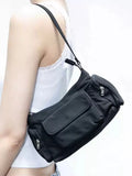 Black nylon women's shoulder bag with double pockets and side-line detailing