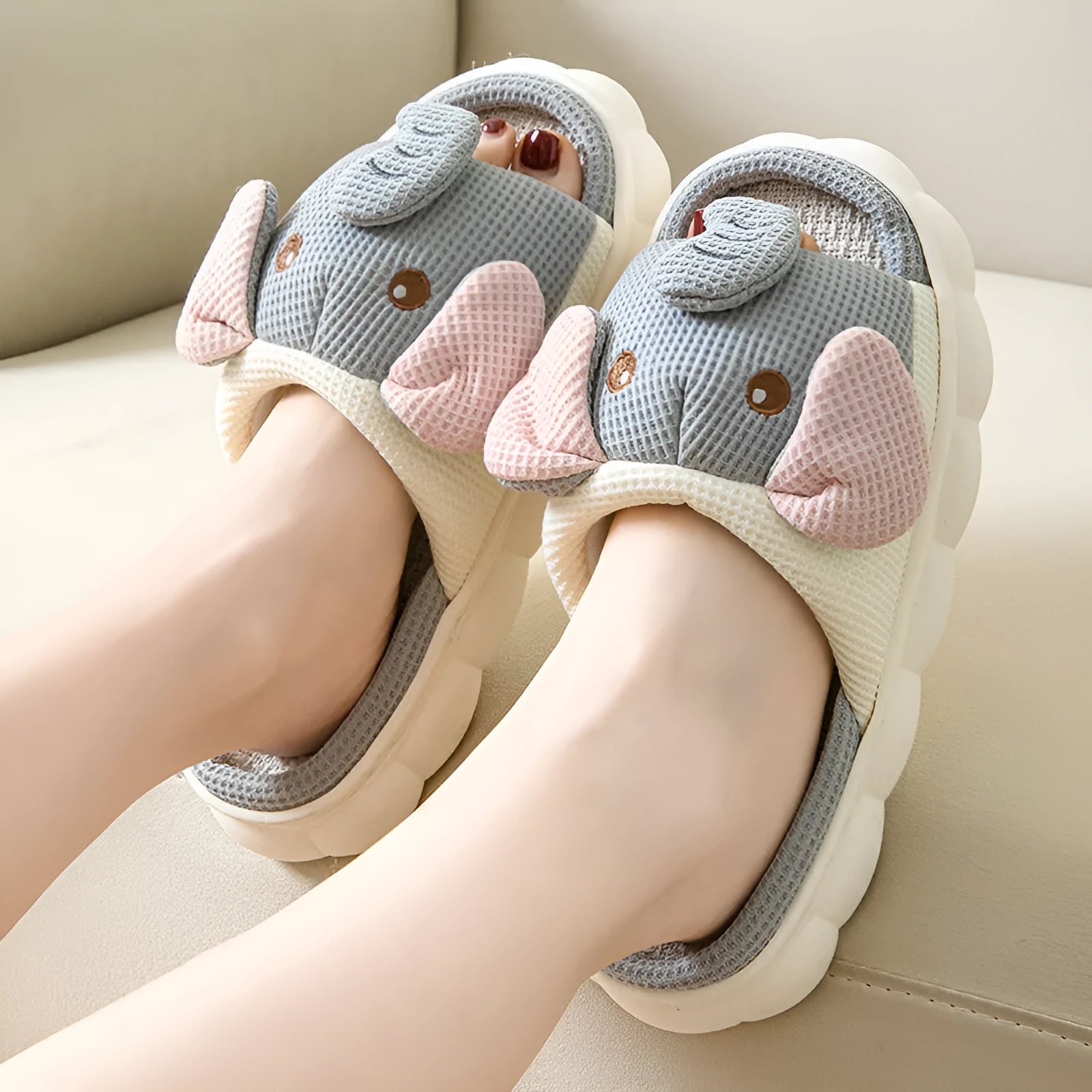 Elephant gray linen open toe couples slippers with PVC sole and EVA midsole on a neutral background