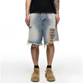 Light blue men's baggy denim shorts with a wide leg and retro washed finish on a mid-waist.