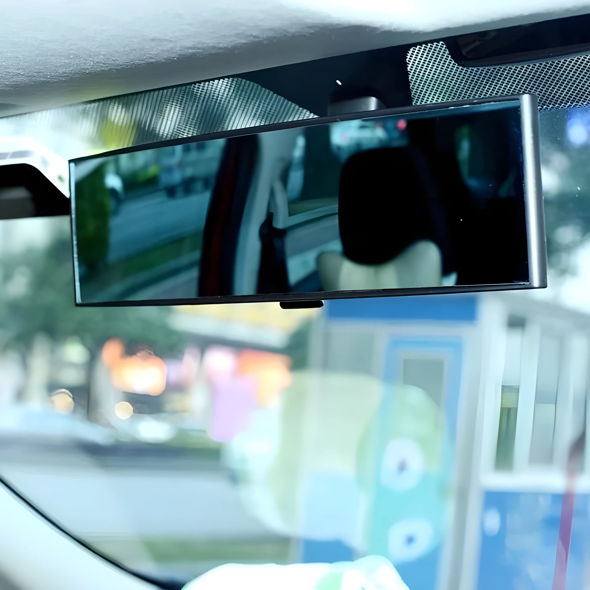 White wide-angle curved rearview mirror 300mm x 75mm with anti-glare surface and ABS frame for car surface mount
