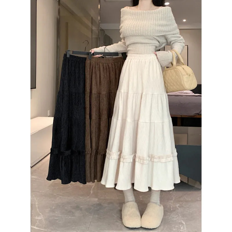 Corduroy A-line midi skirt with elastic waistband in beige colour, showing Korean-style urban design