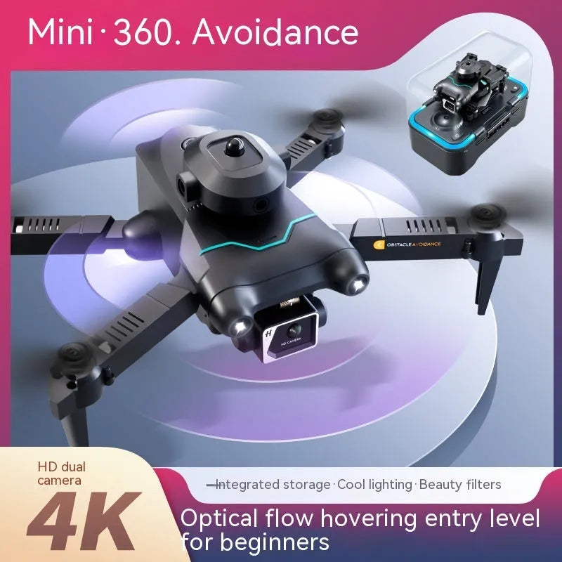 S96-black mini drone with 4K single camera on a table showing plastic four-axis design and compact size