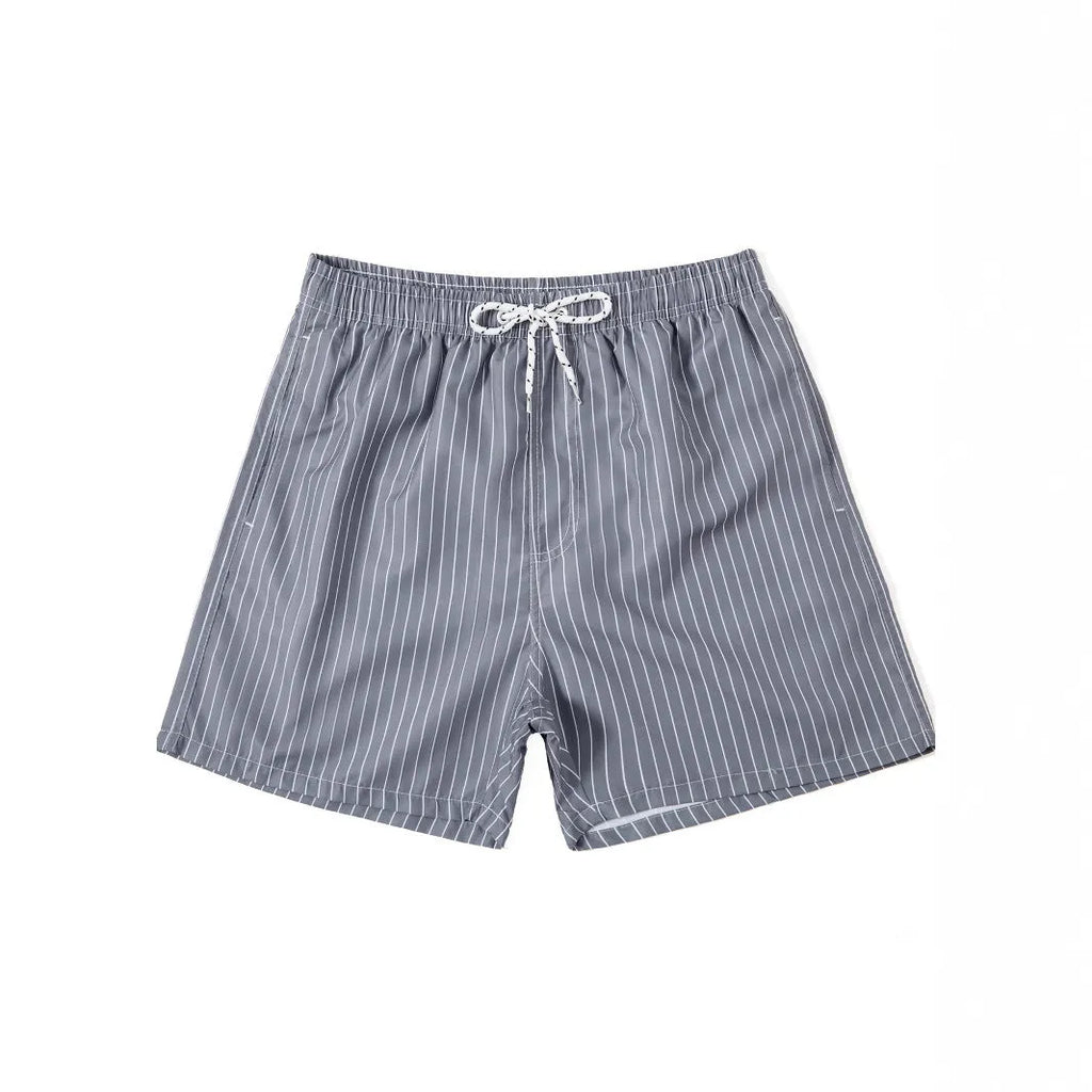 Polyester fibre beach shorts with straight leg and striped patterns in navy blue, grey, khaki or light blue