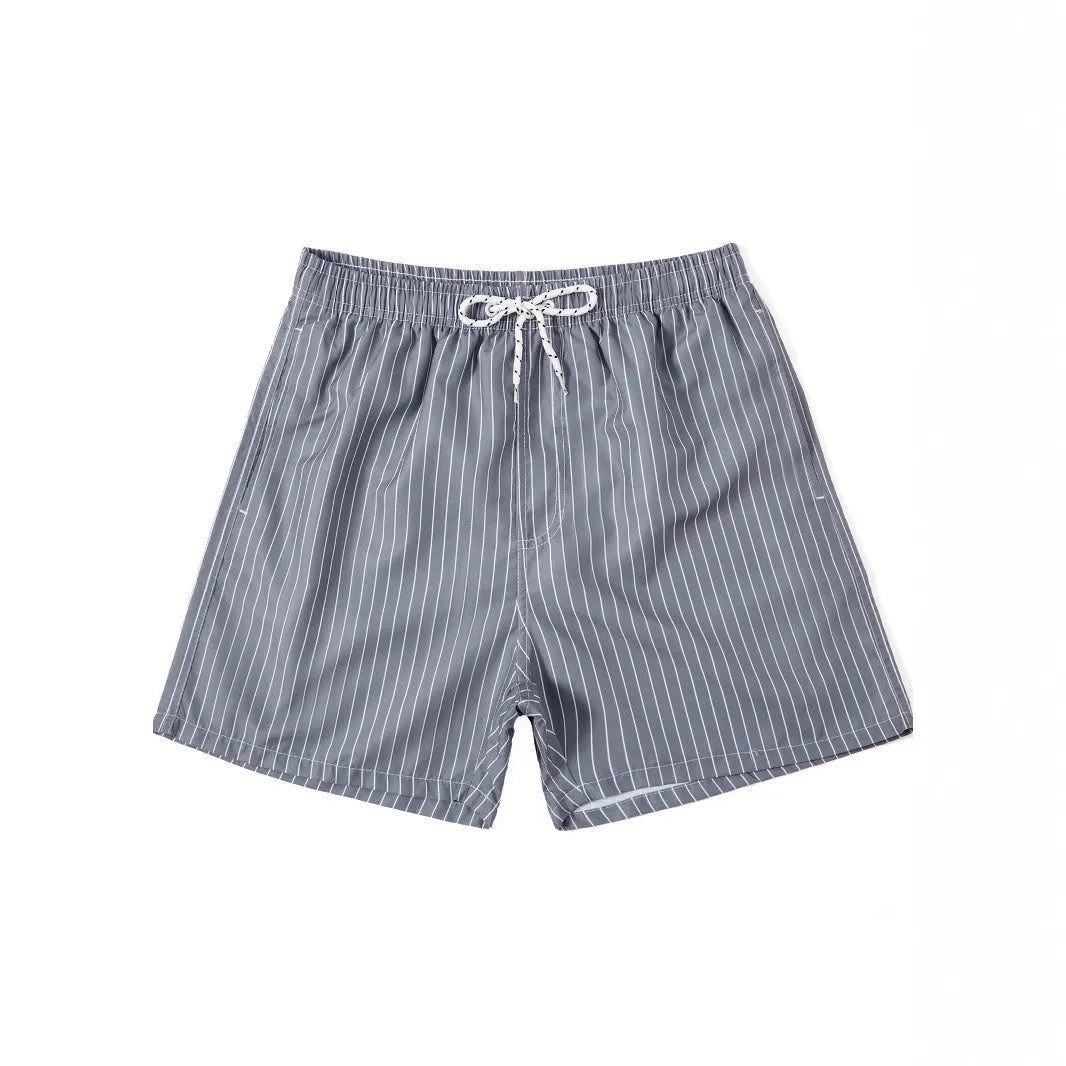 Polyester fibre beach shorts with straight leg and striped patterns in navy blue, grey, khaki or light blue
