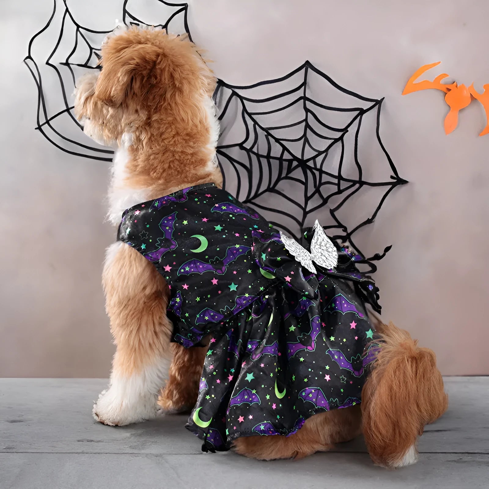 Orange or black bat patterned angel wings Halloween costume for a dog