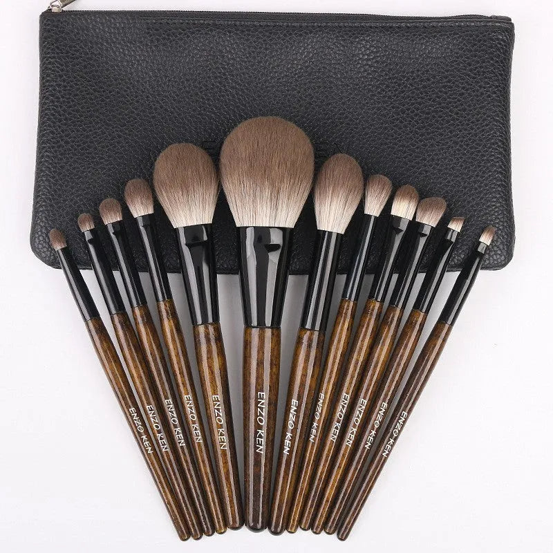 12-piece makeup brush set with synthetic bristles and wooden handles in PU travel roll