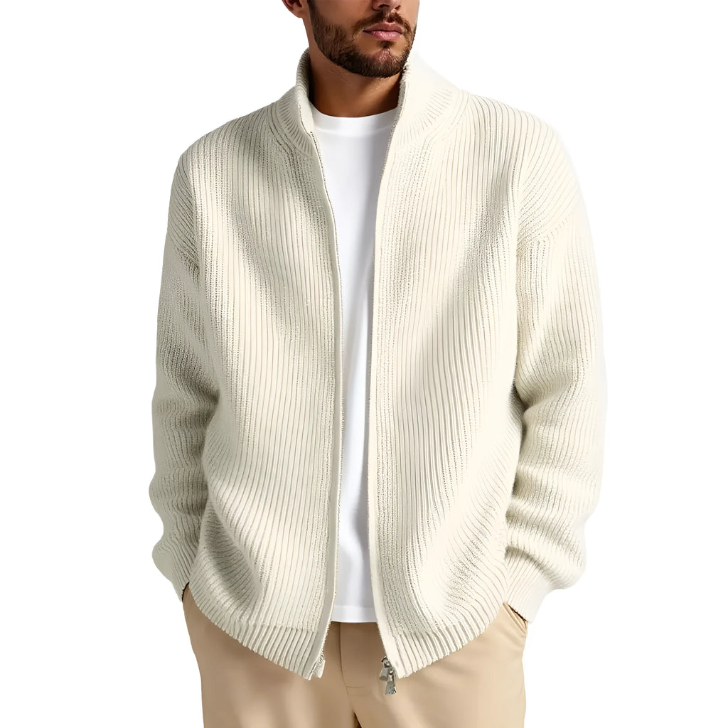 Man wearing a loose fit grey cardigan sweater for casual leisure wear