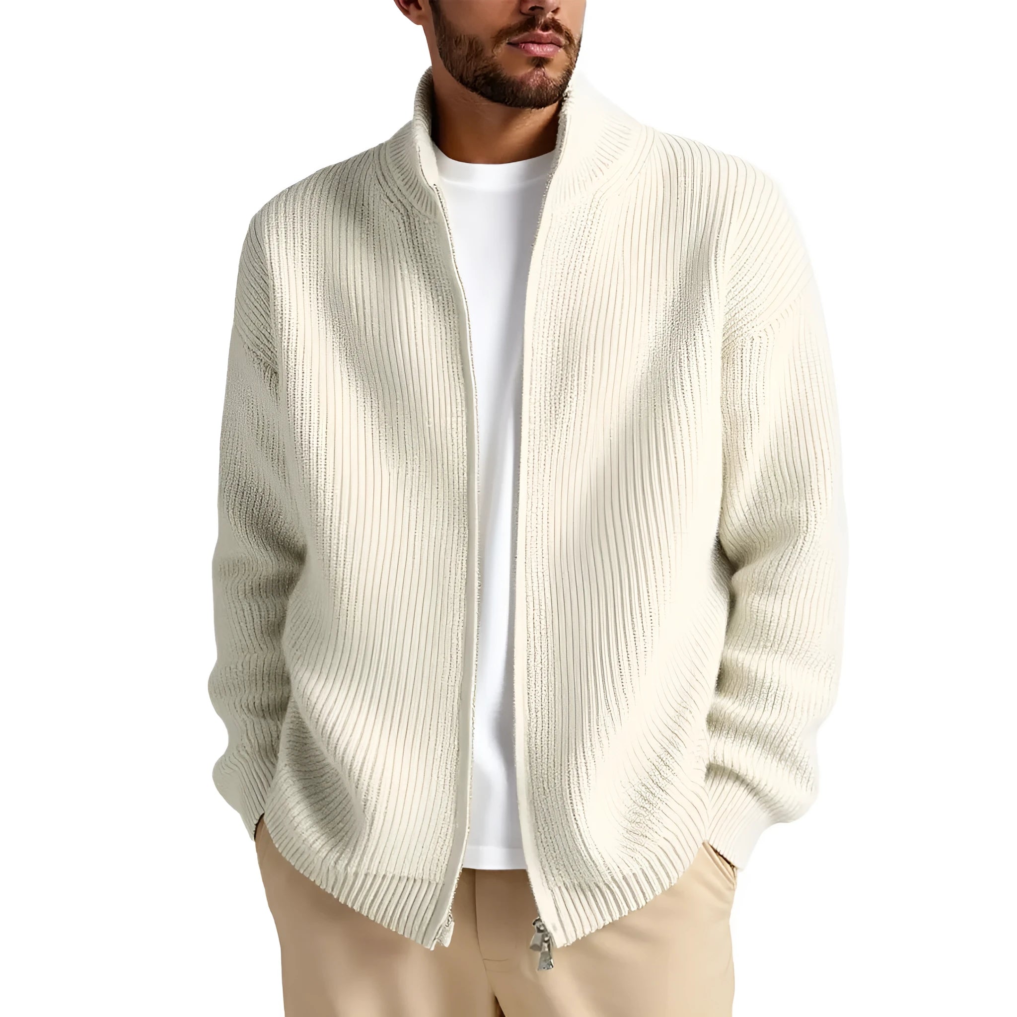 Man wearing a loose fit grey cardigan sweater for casual leisure wear