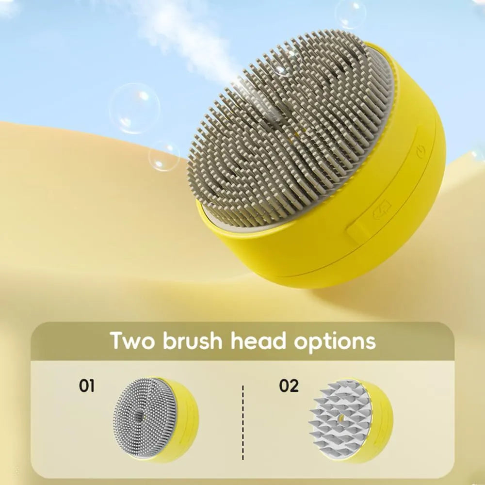 Green and yellow rechargeable silicone cat steam brush for grooming and massage.