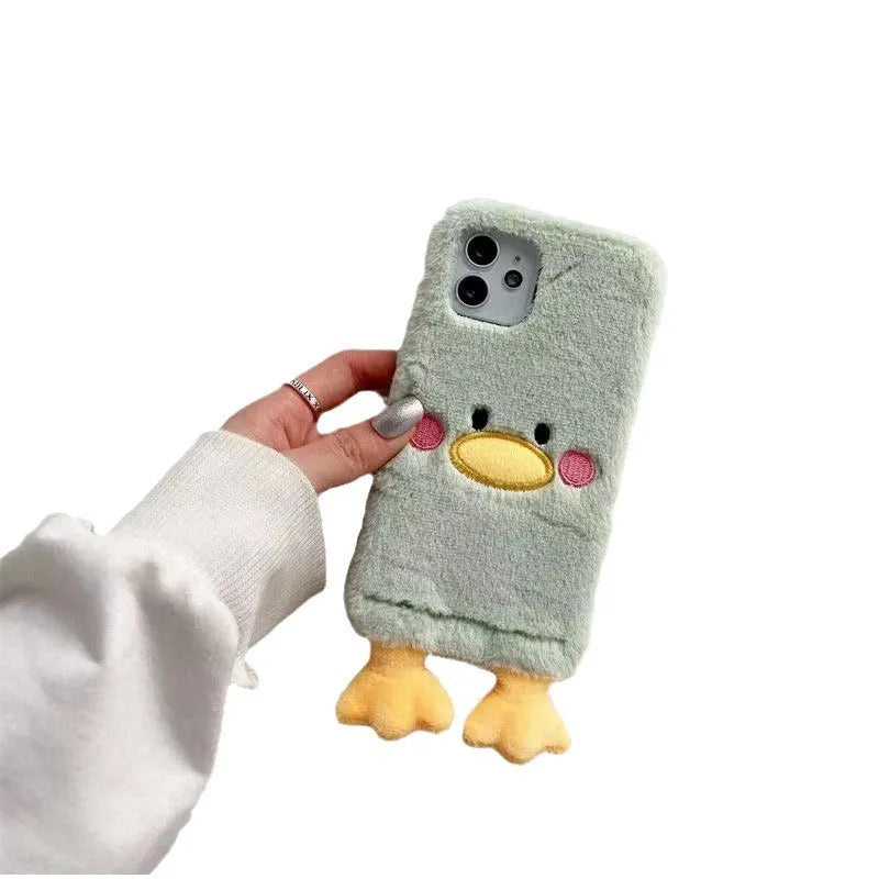 Plush TPU duck phone case for Apple iPhone 15 Pro in satchel duck design with Japanese and Korean style back cover