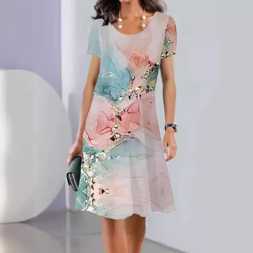 Women's light blue Ice Silk A-line midi dress with painted floral and leaf patterns, short sleeves, and a round neck.