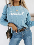 Blue pullover sweater with embroidered letters and numbers pattern on crew neck knitwear