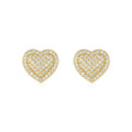 A pair of simple S925 sterling silver stud earrings with a gold-coloured finish and a heart-shaped moissanite stone.