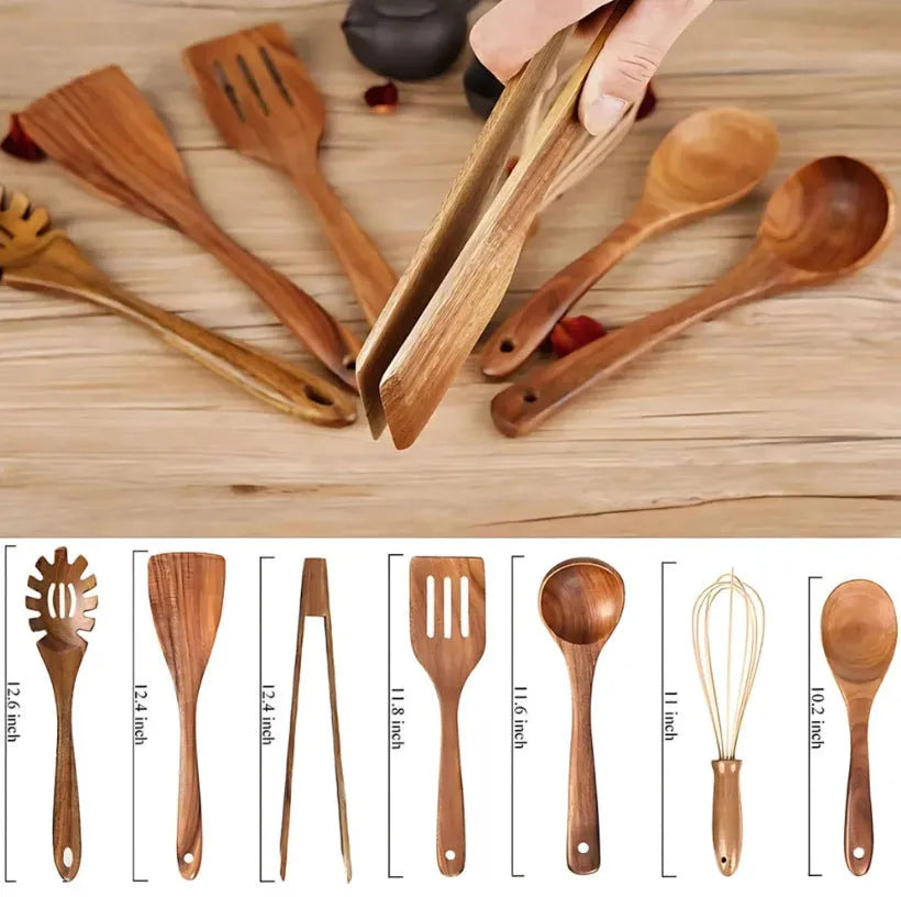 Seven wooden cooking utensils with spoon shovel designs for non-stick pans