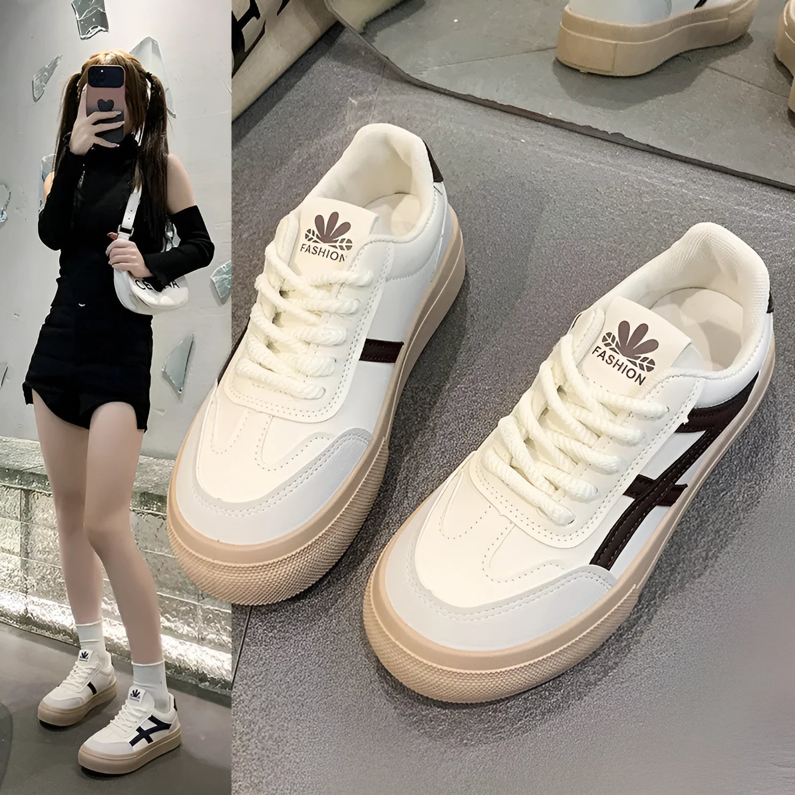 Classic low top sports casual board shoe with rubber sole and patent finish, brown colour, side view