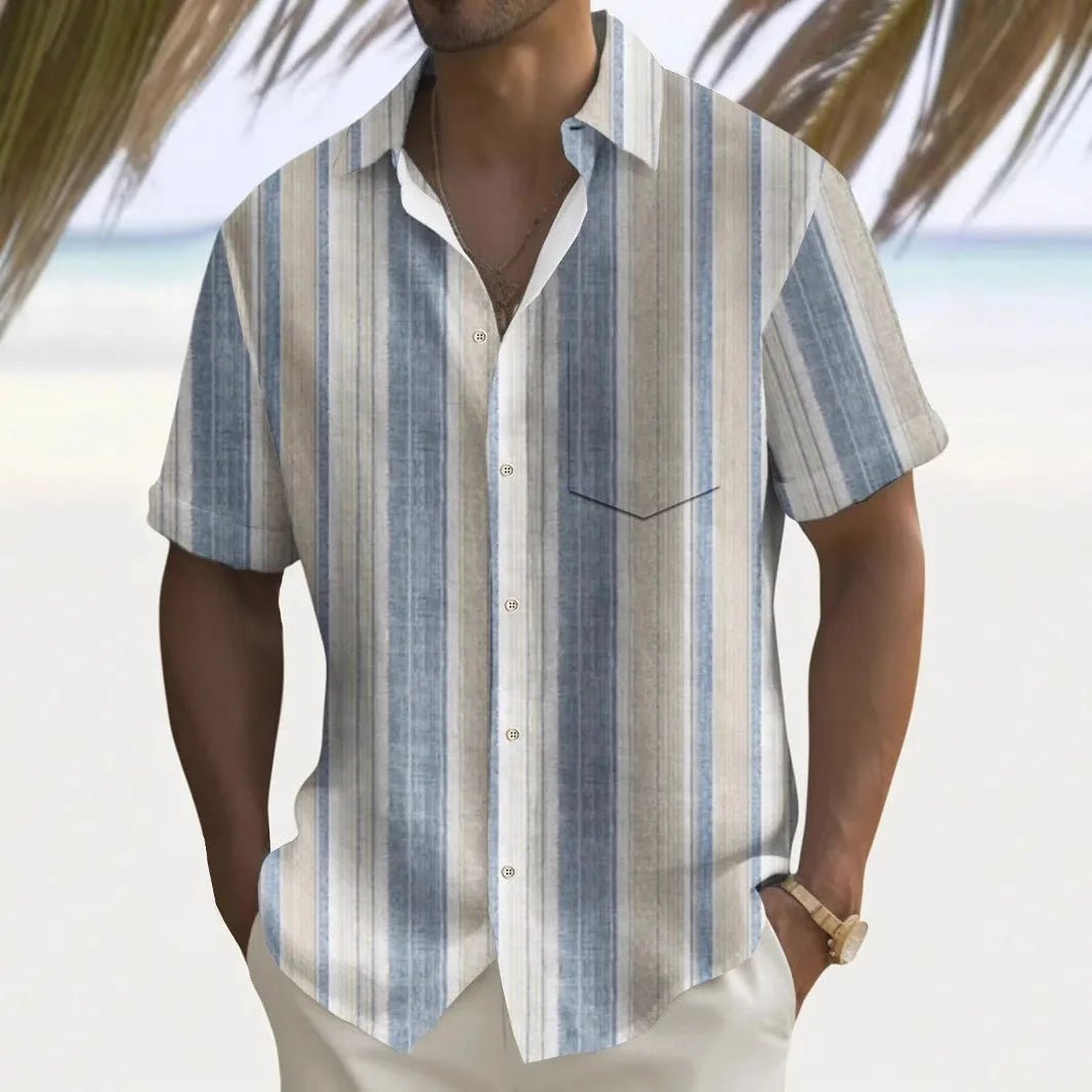 Men's multicolour printed loose-fit polyester shirt on a hanger, showing cardigan style.