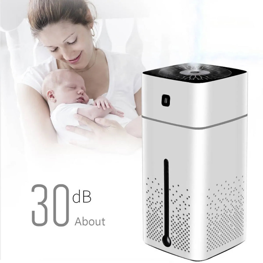 Black or white desktop humidifier measuring 103mm wide by 218mm tall with 1000ml capacity