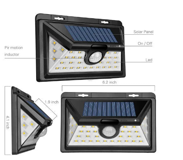 Black outdoor solar sensor light with monocrystalline panel, 172 x 115 x 50mm, wall mounted