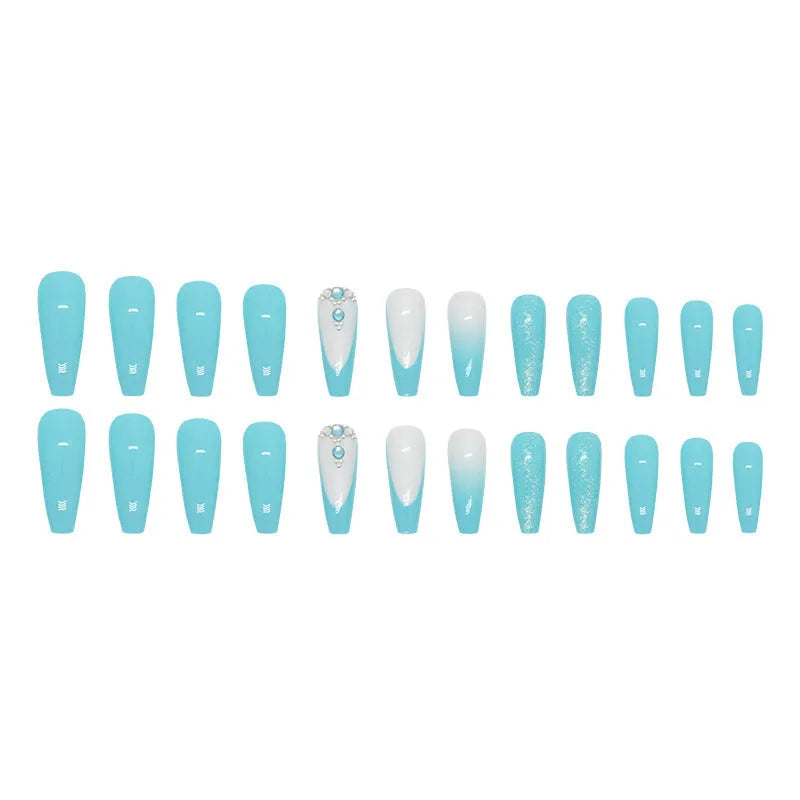 Long ballet-shaped false nails with solid blue colour and smart diamond glitter, shown with glue.