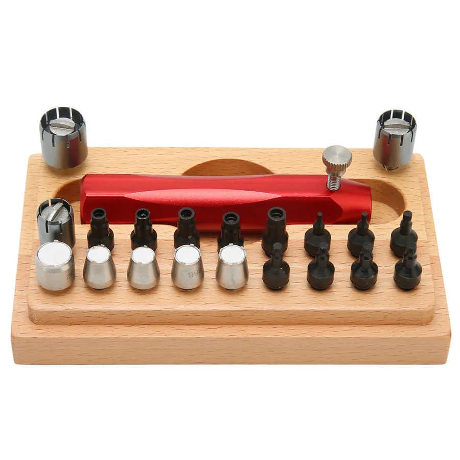 20 steel watch case opening tools organised in a black rectangular storage case.