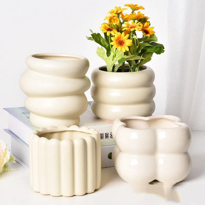 Roman column matte yellow ceramic flower pot with self-absorbent water-saving design