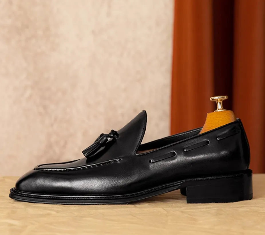 Men's black genuine leather slip-on loafers with rubber sole and British style design