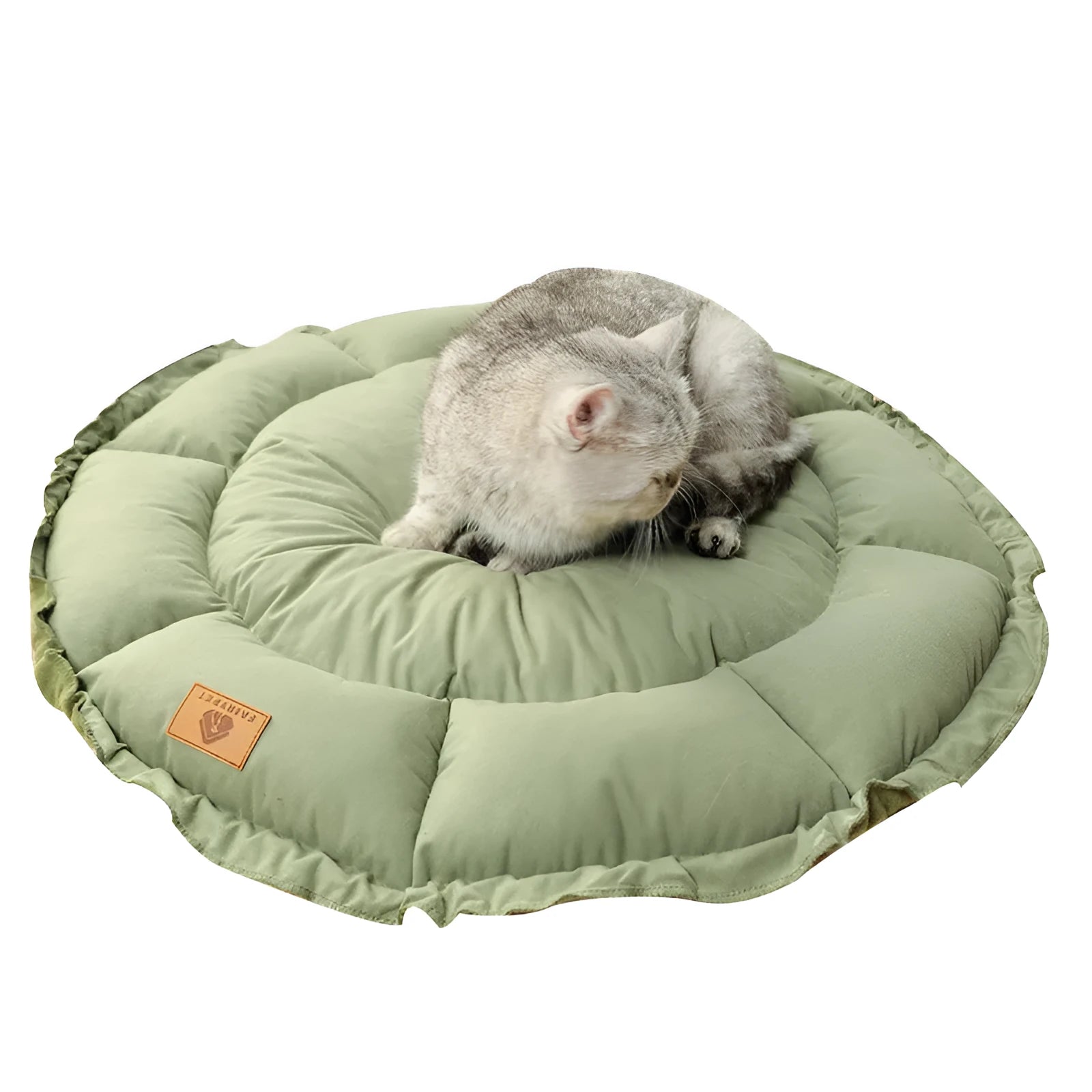 Grey reversible donut cat bed showing both raised rim side and flat sleeping side