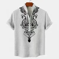 Men's striped casual shirt with button detail on a loose linen-style polyester fabric.