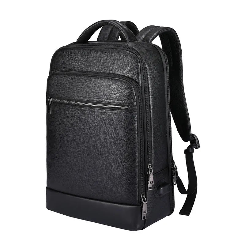 Black genuine cowhide leather men's business backpack with curved shoulder strap.