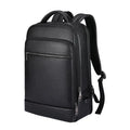 Black genuine cowhide leather men's business backpack with curved shoulder strap.