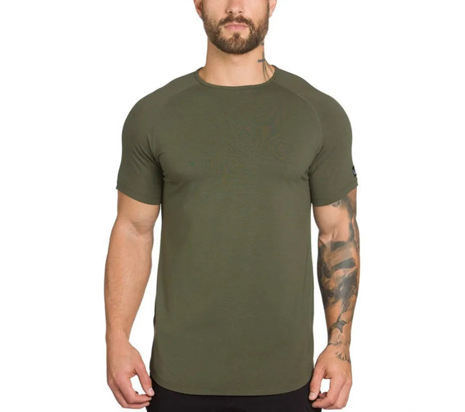 Plain short-sleeved mens gym shirt in green, showing cotton-spandex fabric texture.