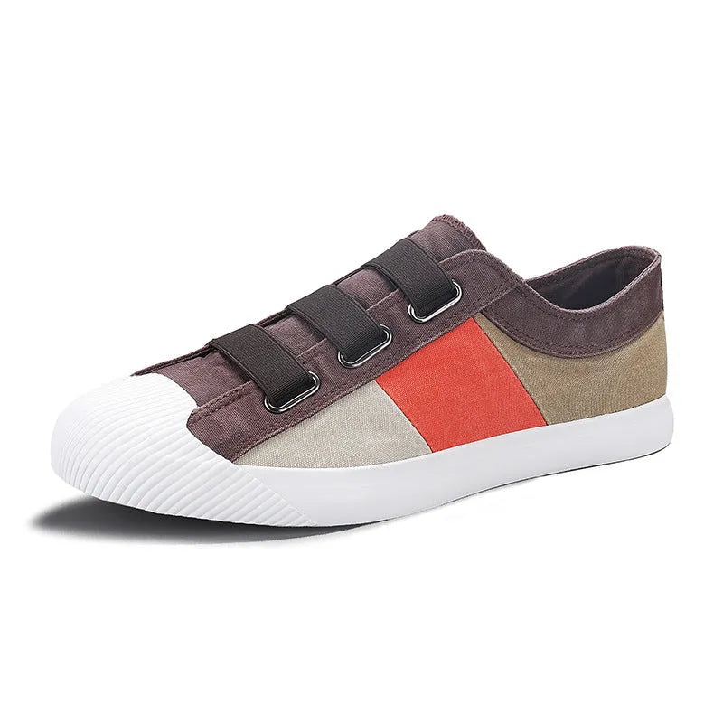 Men's low-top canvas sneakers with elastic band closure and rubber soles in beige colour