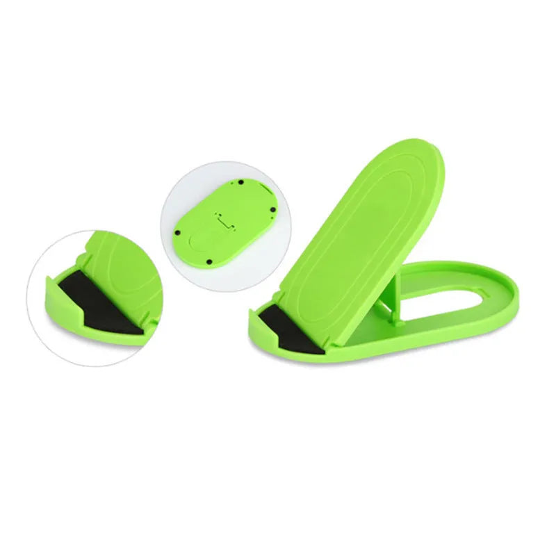 Plastic mobile phone stand bracket in six colour options showing adjustable angle design