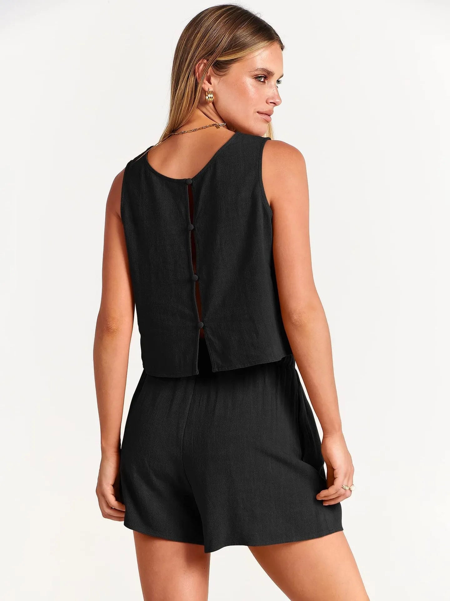 Women's summer set with sleeveless top and drawstring shorts in rayon linen blend fabric