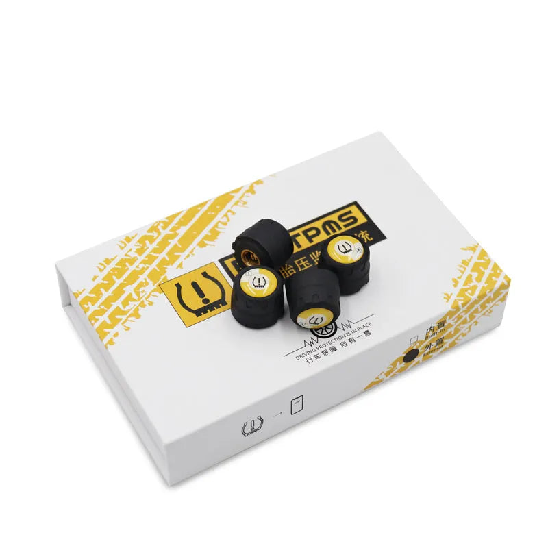 Black wireless Bluetooth car tyre pressure sensor with IP67 waterproof housing on tyre valve