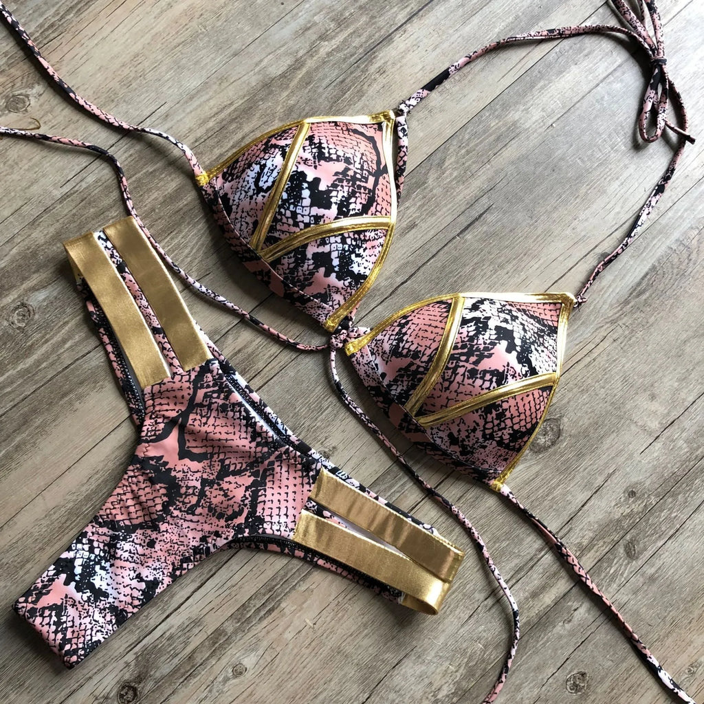 Women's bronzing bikini swimsuit with removable pads in leopard print, showing front and back views.