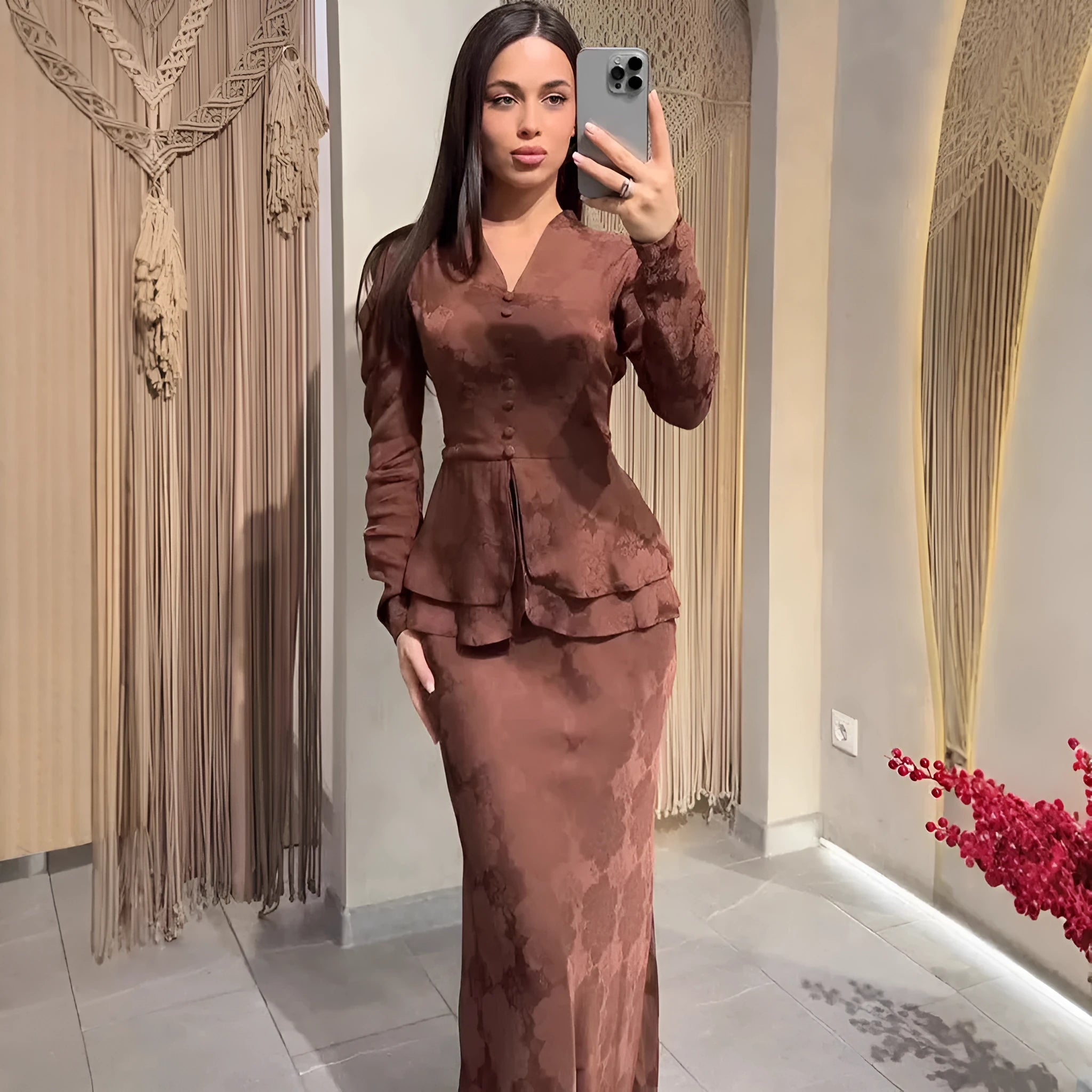 Dark brown retro floral long sleeve dress with button detailing and artistic design