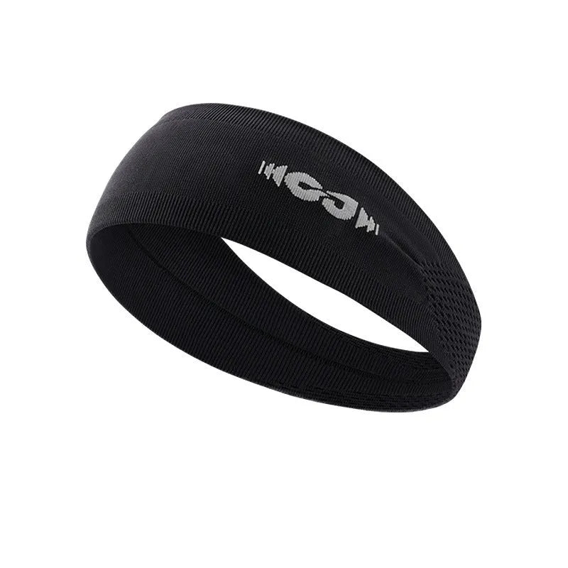 Seamless knitted sport headband for men and women in black, shown worn during exercise.