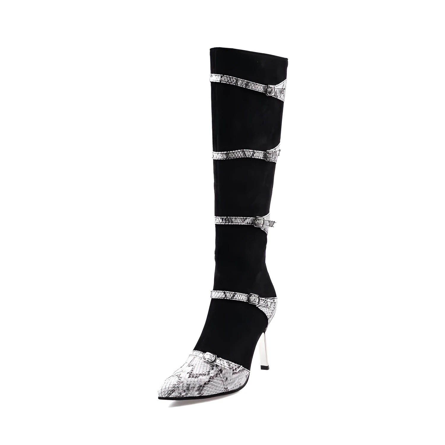 Grey and black women's knee-high stiletto heel boots with a velvet lining.