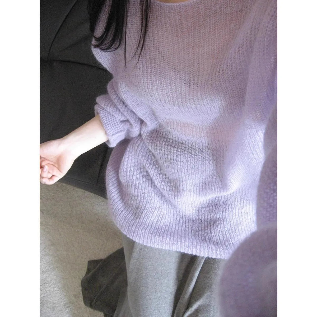 Purple women's blouse with hollow out detailing and princess sleeves made from lightweight ice silk fabric