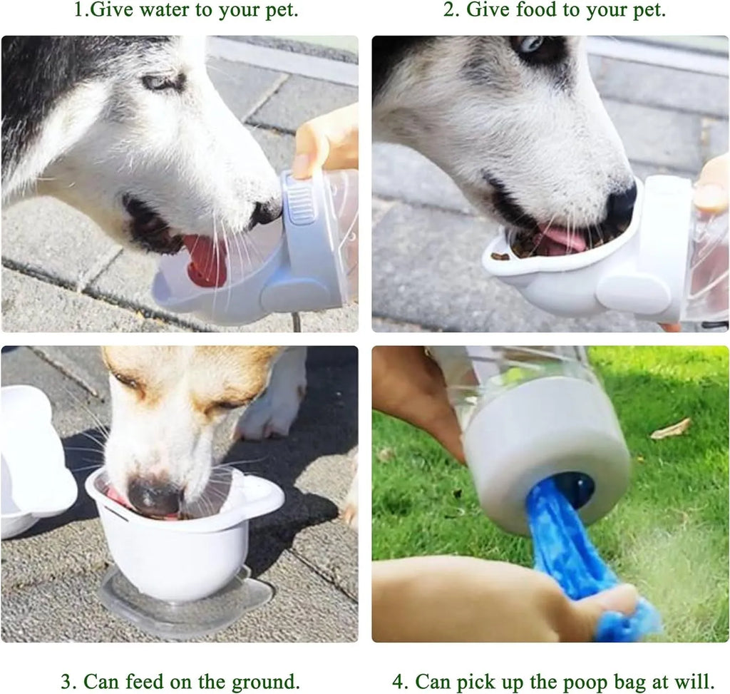 Green, pink, or white 3-in-1 portable pet water bottle with food container and waste bag dispenser.