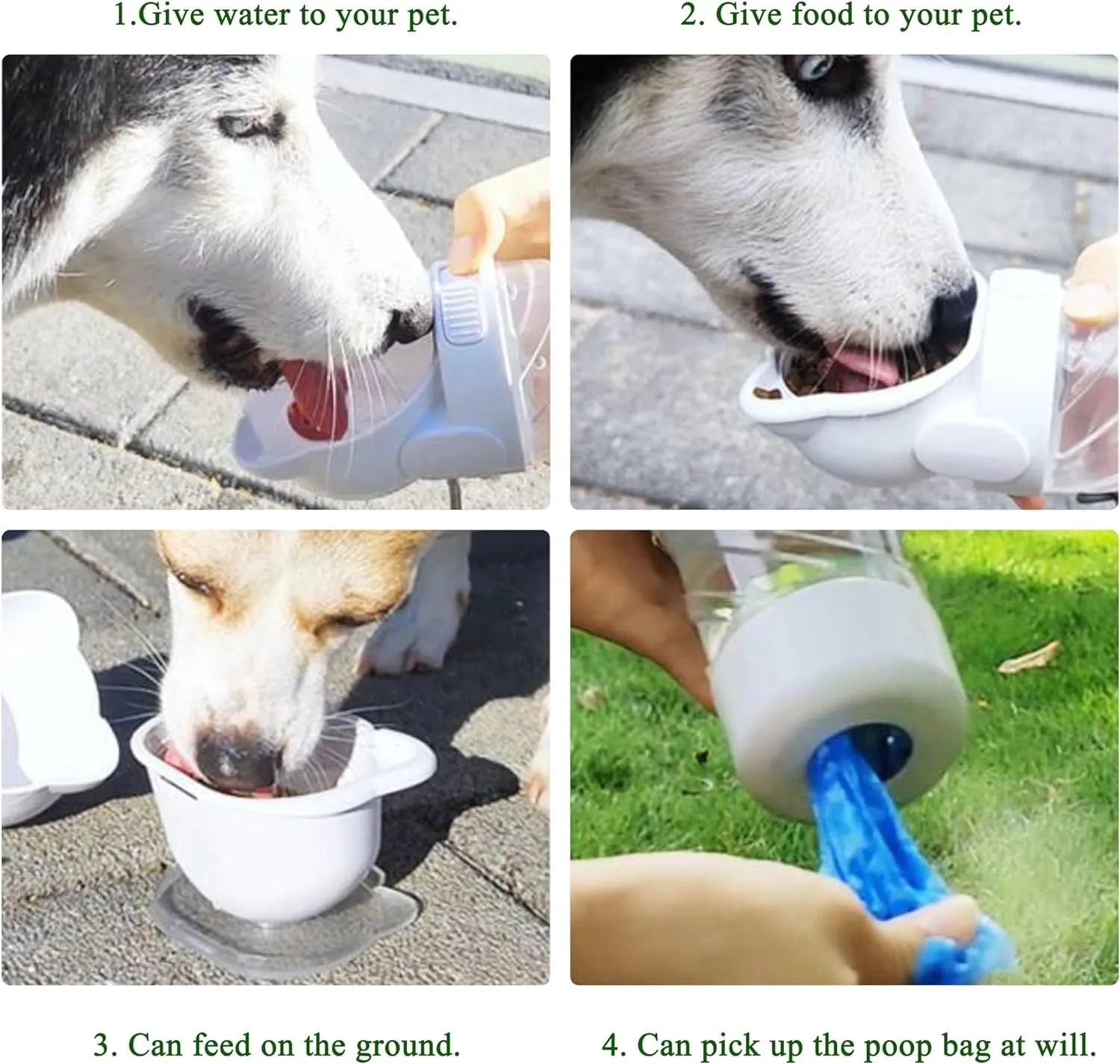 Green, pink, or white 3-in-1 portable pet water bottle with food container and waste bag dispenser.